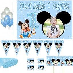 1 Yaş Mickey Mouse Kişiye Özel Afişli Doğum Günü Süsleri, Parti Seti Açık Mavi