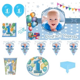 Afiş Hediyeli 8 Kişilik Balonlu 1 Yaş Set 1 Yaş Doğum Günü Süsleri Erkek Çocuk