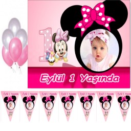 Minnie 1 yaş Çocuğunuza Özel Fotoğraflı Afiş ve Flama Seti, Doğum Günü Süsleri 1 yaş