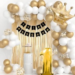 Kral Taçlı 1 Yaş Doğum Günü Gold Beyaz Balon Seti Süsleme Seti