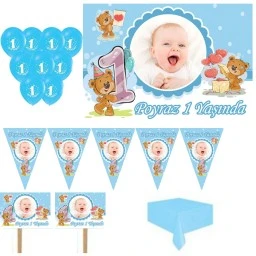 1 Yaş Afişli Erkek Ayıcık Temalı Doğum Günü Seti Fotoğraflı Kişiye Özel