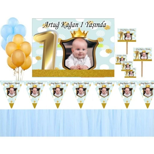 1 Yaş Altın Doğum Günü Süsleri Fotoğraflı Süsleme Ve Magnet Seti