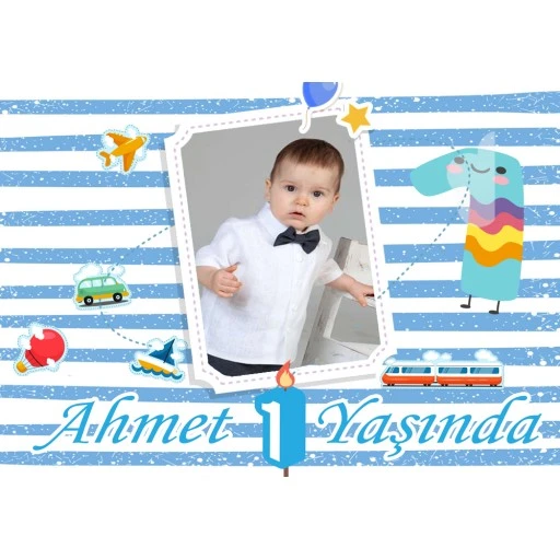 1 Yaş Çerçeveli Erkek Doğum Günü Afiş Fotoğraflı
