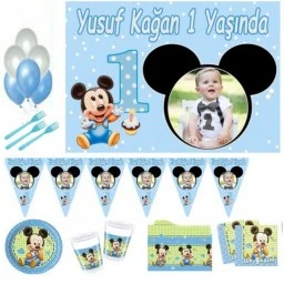 1 Yaş Doğum Günü Süsleri, Afişli İlk Yaşım Baby Mickey Doğum Günü Süsleri Parti Malzemeleri