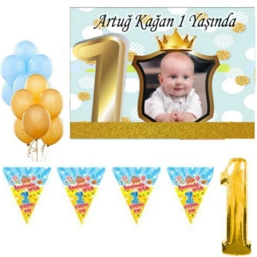 1 Yaş Doğum Günü Süsü, Süsleri Fotoğraflı Afiş Kişiye Özel Parti Seti Altın