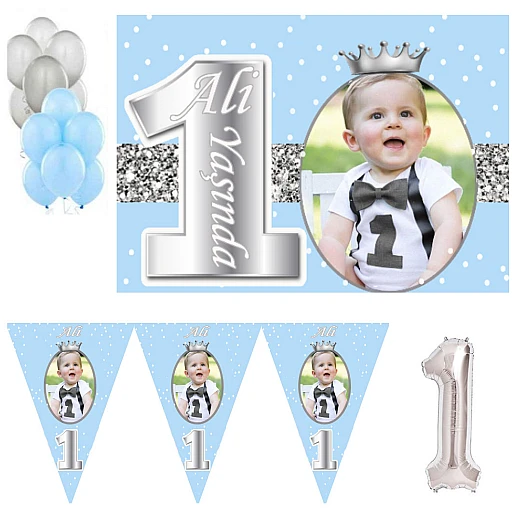 1 Yaş Fotoğraflı Gümüş Taçlı Doğum Günü Süsleme Seti