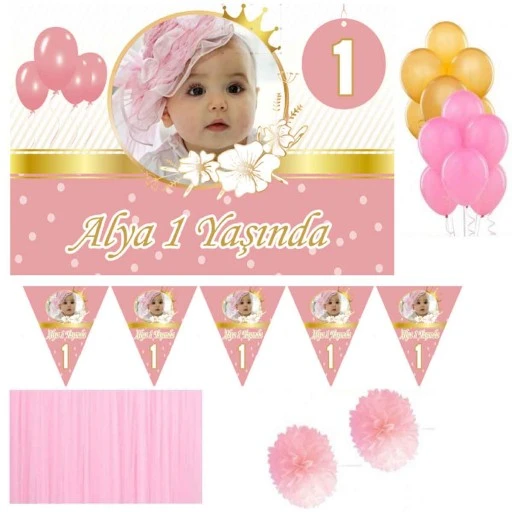 1 Yaş Afişli Kız Çocuk Kişiye Özel Doğum Günü Süsleme Seti Altın Hdts113