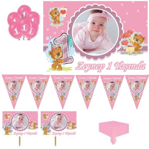 1 Yaş Afişli Pembe Kişiye Özel Ayıcık Konsepti 1 Yaş Doğum Günü Süsleri Yeni