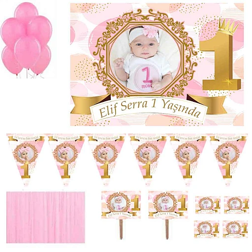 1 Yaş Altın Doğum Günü Süsleri Fotoğraflı Süsleme Ve Magnet Seti Altın