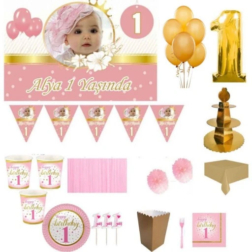 1 Yaş Altın Doğum Günü Süsleri, Parti Seti, Malzemeler, Fotoğraflı Altın Konsept Küçük Yıldızlar 8 Kişilik Full Set
