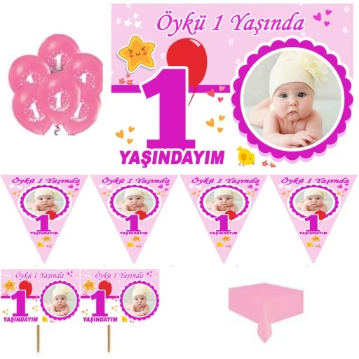 1 Yaş Doğum Günü Süsleri, 1 Yaş Parti Setleri, Fotoğraflı Afişli Hediyeli