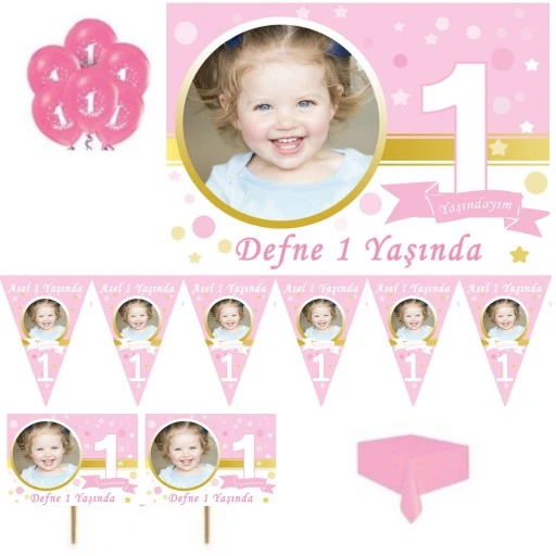 1 Yaş Doğum Günü Süsleri Afişli Kız Pırıltılı First Birhday Set