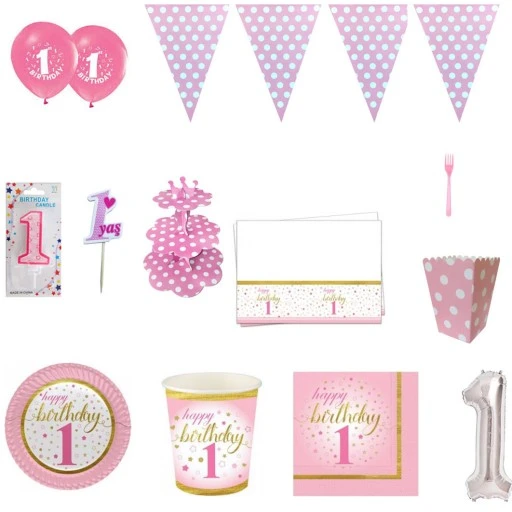 8 Kişilik 1 Yaş Altın Yıldızlar Konpsept Full Doğum Günü Süsleri, İlk Yaşım Pırıltı Doğum Günü Sofra Seti