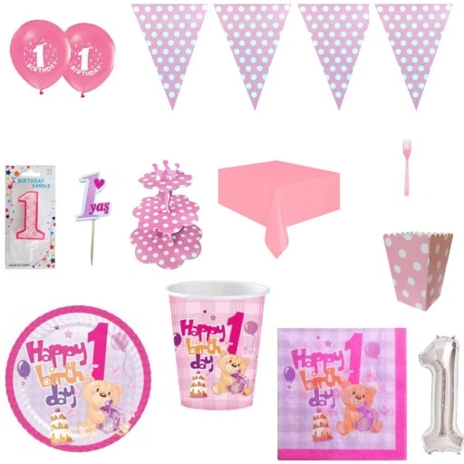 8 Kişilik 1 Yaş Ayıcık Konsept Full Doğum Günü Süsleri, İlk Yaşım Pırıltı Doğum Günü Sofra Seti