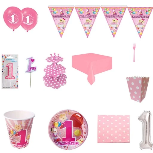8 Kişilik 1 Yaş Ekonomik Full Doğum Günü Süsleri, İlk Yaşım Doğum Günü Sofra Seti