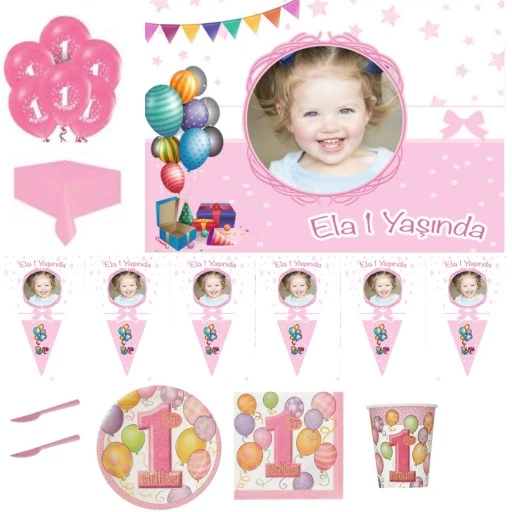 Afiş Hediyeli 8 Kişilik Balonlu 1 Yaş Set 1 Yaş Doğum Günü Süsleri Kız Çocuk Pembe
