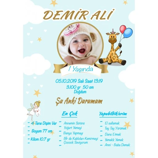 1 Yaş Anı Panosu Afiş,karşılama Panosu Branda Balonlu Model Bulut Konsept Erkek Çocuk