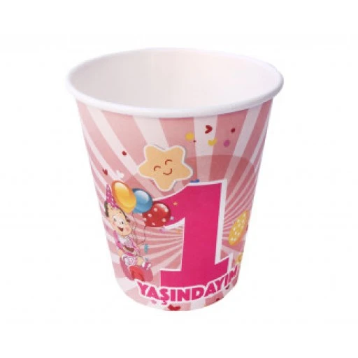 Bardak Karton 1 Yaşındayım Pembe 8oz 8'lı
