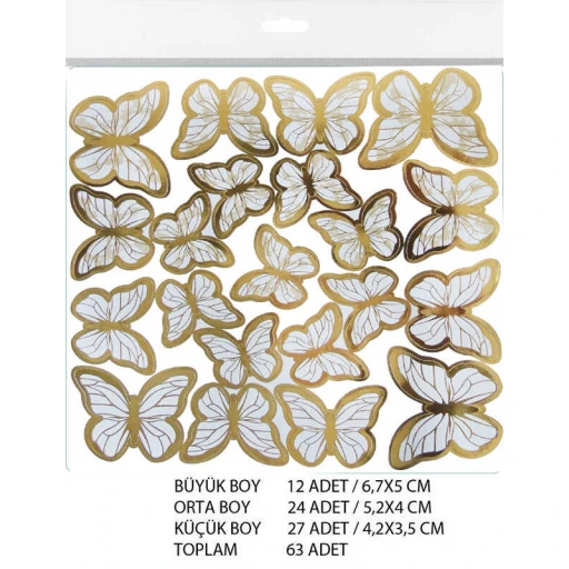Kelebek Dekoratif Süs Varaklı Beyaz Set:63 Adet