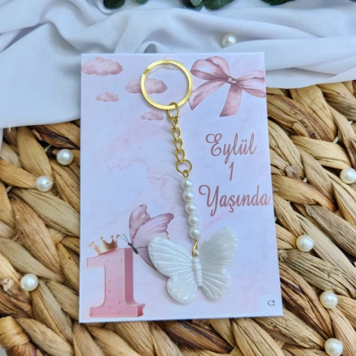 Kelebek İnci Anahtarlık 1 Yaş Doğum Günü Hediyelik 
