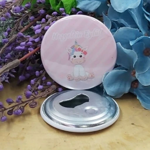 Unicorn Baskılı Kişiye Özel Metal Baskılı Bebek Şekeri Metal Magnet Açacak 58 Mm