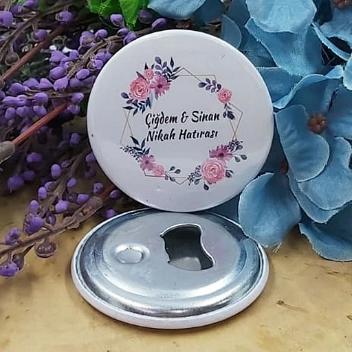Pembe Çiçekli Açacak Magnet Söz Nişan Nikah Hediyesi Nikah Şekeri Metal 6 cm