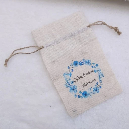 Amerikan Bezi Kumaş Keten Kese 9x13 cm Mavi Çiçekli