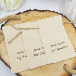 Kişiye Özel İsim Baskılı Keten Kese 9x13 cm Bebek,Nikah Söz Nişan Sünnet 