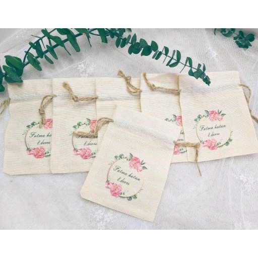 Kişiye Özel İsim Baskılı Keten Kese 9x13 cm Söz Nişan Nikah Hediyesi Toptan