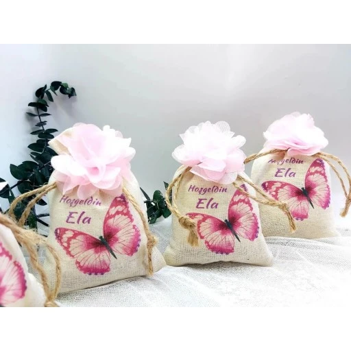 Kişiye Özel İsim Baskılı Keten Kese 9x13 cm Söz Nişan Nikah Hediyesi Toptan