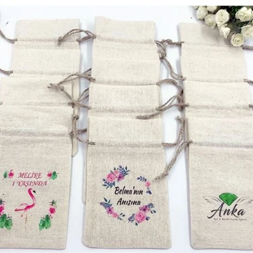 Kişiye Özel İsim Baskılı Keten Kese 9x13 cm Söz Nişan Nikah Hediyesi Toptan