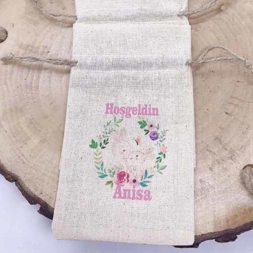 Tavşan Tasarım Baskılı Kişiye Özel İsim Baskılı Keten Kese 9x13 cm Bebek Sekeri Malzeme