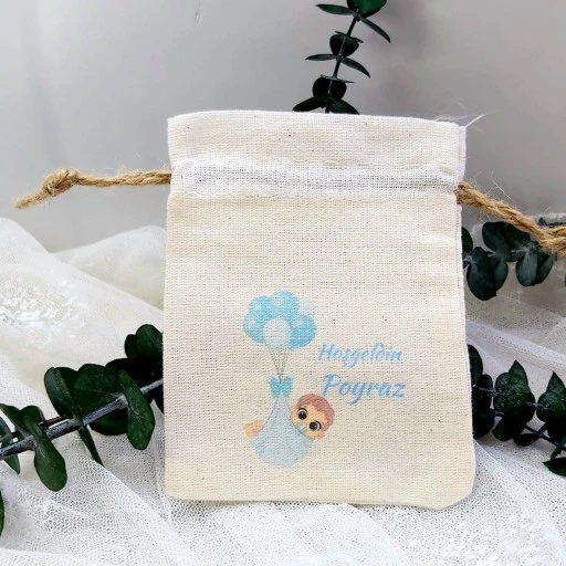 Balonlu Erkek Bebek Baskılı Kese 9x13 cm Yenidoğan Hediyelik