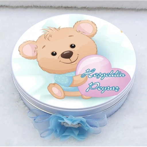 Ayıcıklı Baskılı Metal Kutuda Bebek Çikolatası Uv Baskılı Madlen Çikolata