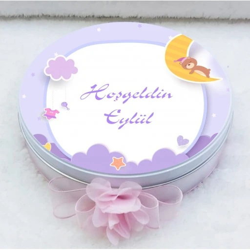 Bebek Çikolatası Mor Baskılı Metal Kutuda Uv Baskılı Madlen Çikolata