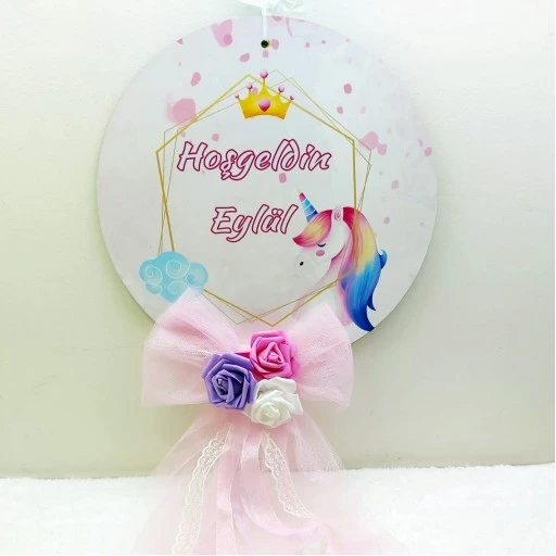 Ahşap Yuvarlak Bebek Odası Kapı Süsü Uv Baskılı