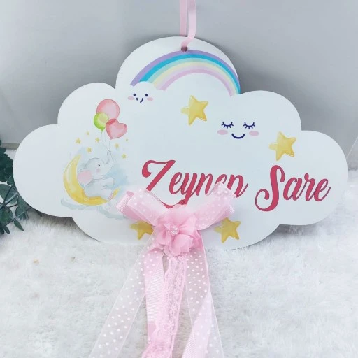 Filli Baskılı Ahşap Kişiye Özel Bebek Odası Kapı Süsü