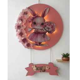Işıklı çiçek motifli tavşan kapı süsü Bebek Odası Kapı Süsü