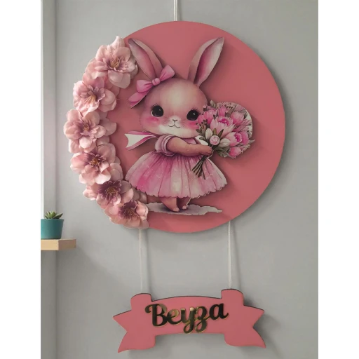 Işıklı çiçek motifli tavşan kapı süsü Bebek Odası Kapı Süsü