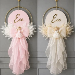 Peri kızı dekorlu ahşap organze etekli çiçekli kapı süsü kapı süsü Bebek Odası Kapı Süsü