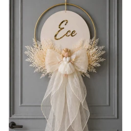 Peri kızı dekorlu ahşap organze etekli çiçekli kapı süsü kapı süsü Bebek Odası Kapı Süsü