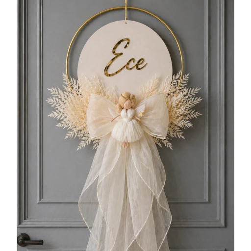 Peri kızı dekorlu ahşap organze etekli çiçekli kapı süsü kapı süsü Bebek Odası Kapı Süsü