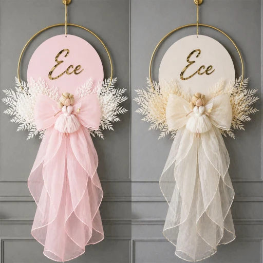 Peri kızı dekorlu ahşap organze etekli çiçekli kapı süsü kapı süsü Bebek Odası Kapı Süsü