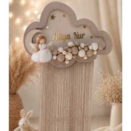 Peri kızı dekorlu Sütlü kahve Püsküllü Işıklı bulut kapı süsü Bebek Odası Kapı Süsü
