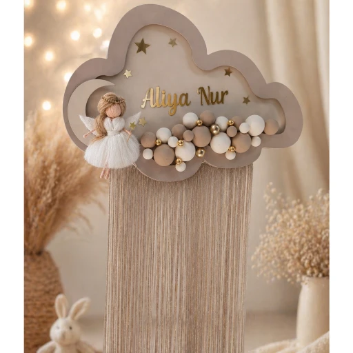 Peri kızı dekorlu Sütlü kahve Püsküllü Işıklı bulut kapı süsü Bebek Odası Kapı Süsü