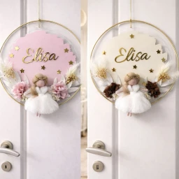 Peri kızı dekorlu Yuvarlak kasnak içinde pleksi kapı süsü Bebek Odası Kapı Süsü