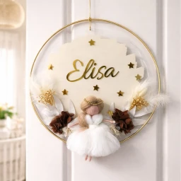 Peri kızı dekorlu Yuvarlak kasnak içinde pleksi kapı süsü Bebek Odası Kapı Süsü