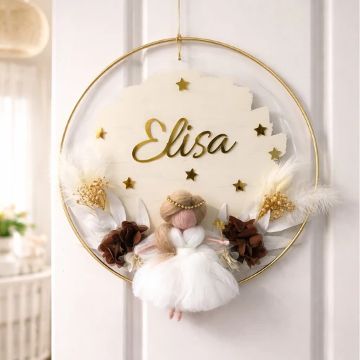 Peri kızı dekorlu Yuvarlak kasnak içinde pleksi kapı süsü Bebek Odası Kapı Süsü