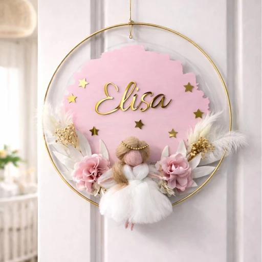 Peri kızı dekorlu Yuvarlak kasnak içinde pleksi kapı süsü Bebek Odası Kapı Süsü