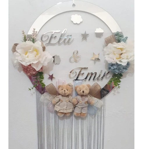 İkiz Bebek Odasi Ayicik Süslemeli Şeffaf Pleksi Kapı Süsü